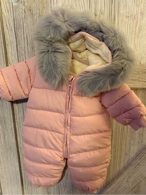 Pink Baby Puff Snowsuit with Gray Faux Fur Hood